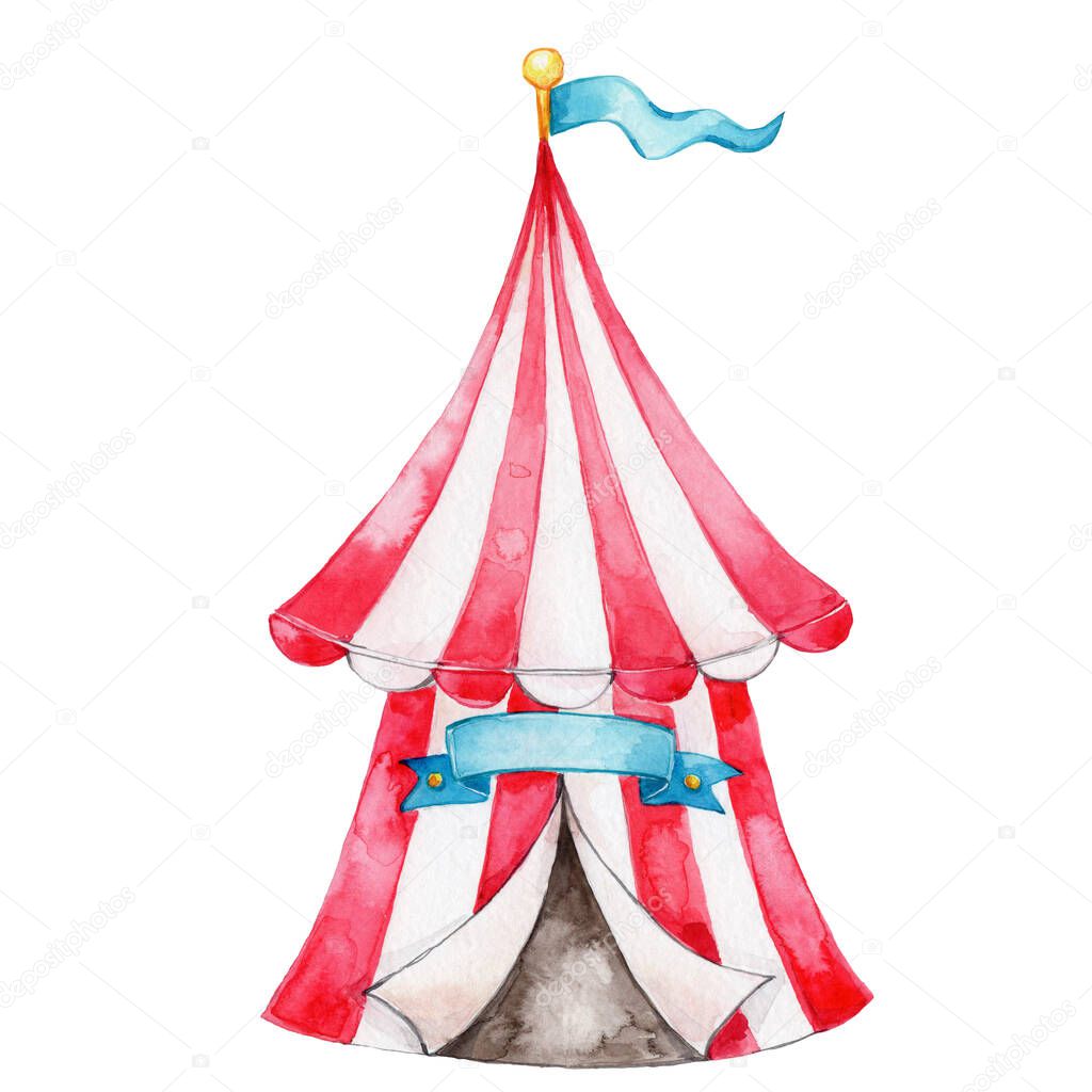 Circus striped tent; watercolor hand draw illustration; can be used for kid posters or cards; with white isolated background