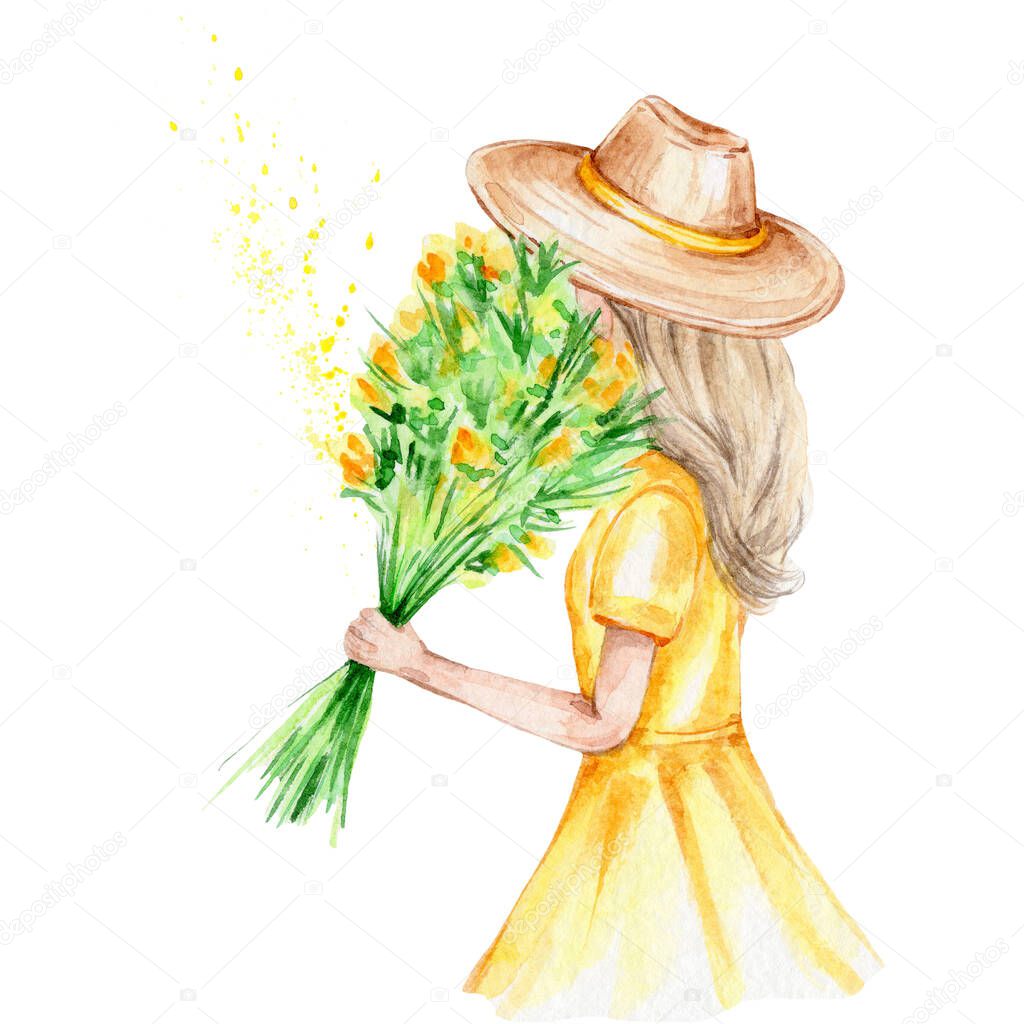 Girl in a straw hat with a bouquet of flowers; watercolor hand draw illustration; with white isolated background