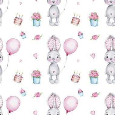 Tatlı tavşanlar ve çiçeklerle sulu boya deseni