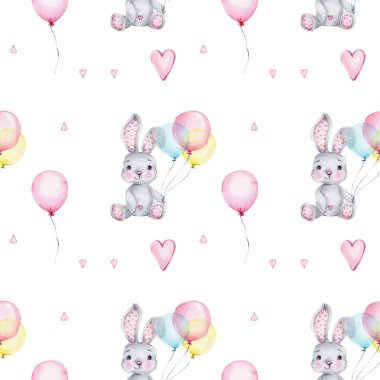 Tatlı tavşanlar ve balonlarla suluboya pembe bebek desenli