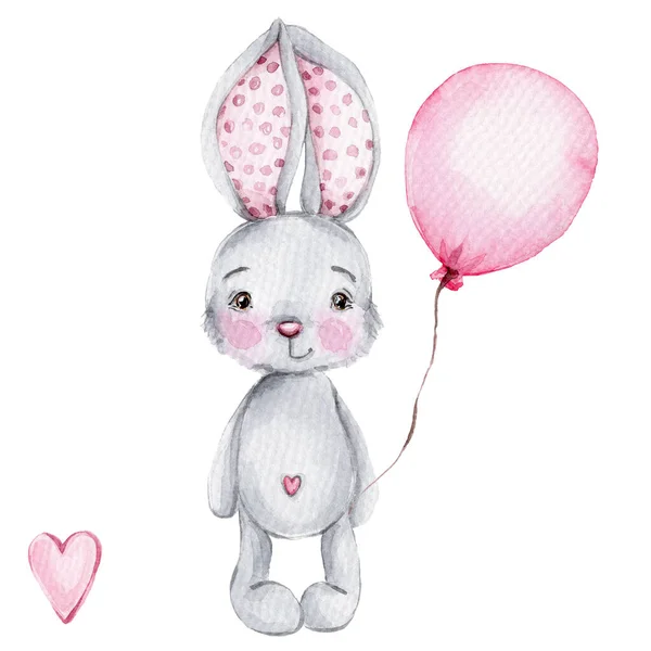 Cute Cartoon Grey Bunny Balloon Watercolor Hand Draw Illustration White — Stock Photo, Image