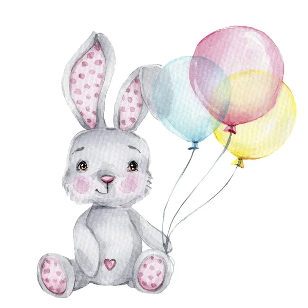 Cute Cartoon Grey Bunny Balloons Watercolor Hand Draw Illustration White — Stock Photo, Image