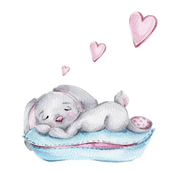 Lindo Conejito Gris Dibujos Animados Que Duerme Almohada Azul Acuarela — Foto de Stock