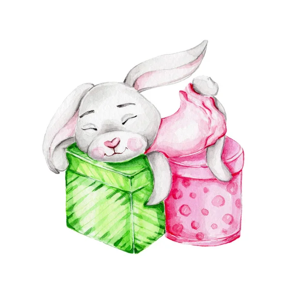 ピンクのドレスの幸せな小さなウサギはギフトとカラフルな箱にあります 水彩手描きイラスト カードや招待のために使用することができます — ストック写真