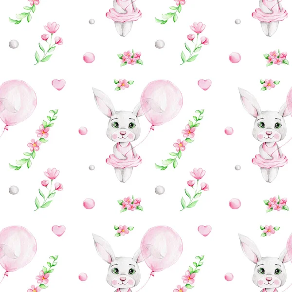Patrón Sin Costuras Con Lindos Conejos Flores —  Fotos de Stock