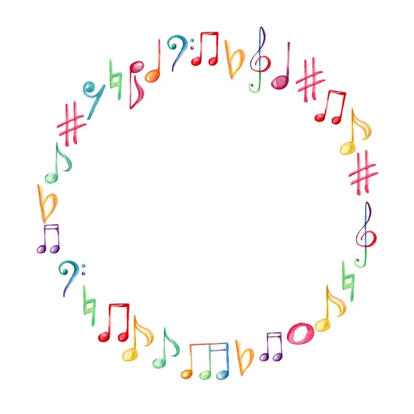 Watercolor hand draw round frame with colorful musical notes and treble clef and bass clef, with white isolated background