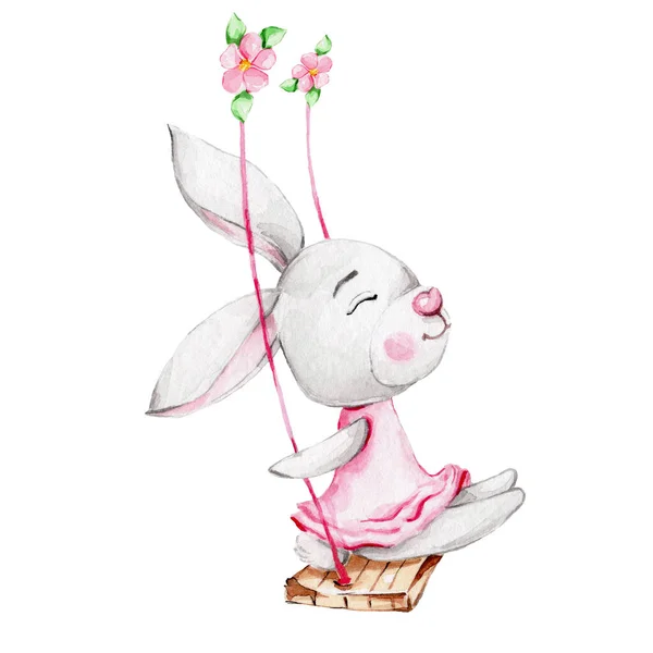 Cute Króliczek Różowej Sukience Swinging Huśtawce Kwiat Akwarela Ręka Rysować — Zdjęcie stockowe