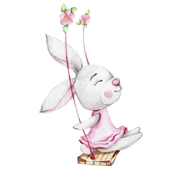 Lapin Mignon Robe Rose Balançant Sur Une Balançoire Fleur Illustration — Photo