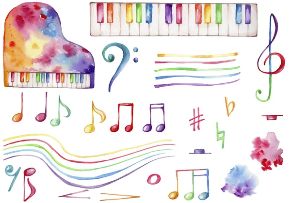 Suluboya el çizimi çizim seti gökkuşağı piyanosu, trible ve bas tuşu, renkli notalar, müzik ekibi, gökkuşağı sıçraması, beyaz izole arkaplan