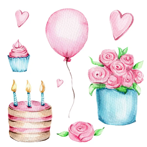 Party Set Flowers Pink Balloon Heart Cake Blue Cupcake Watercolor — стоковое фото