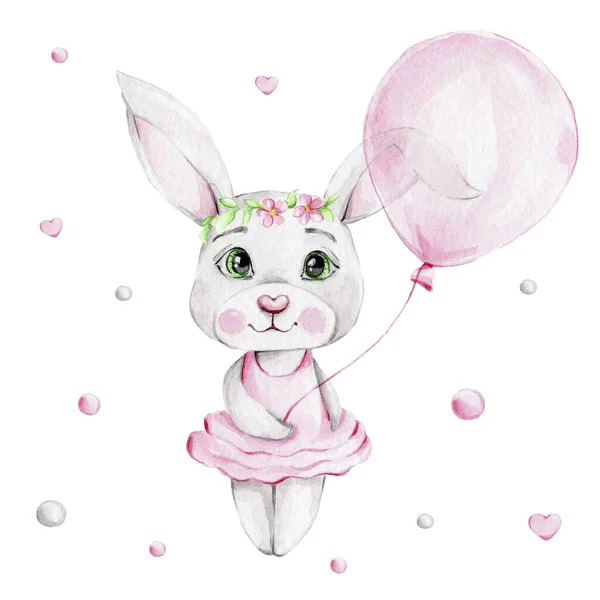 Mignon Lapin Robe Rose Avec Ballon Rose Aquarelle Dessin Main — Photo