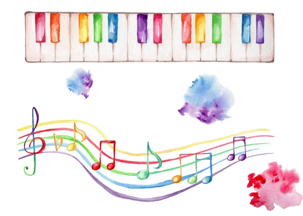 Suluboya Çizimi Gökkuşağı Müzik Kadrosu Trible Anahtar Renkli Piyano Ile — Stok fotoğraf