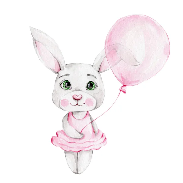 Χαριτωμένο Λαγουδάκι Ροζ Φόρεμα Ροζ Μπαλόνι Ακουαρέλα Χέρι Κλήρωση Εικόνα — Φωτογραφία Αρχείου