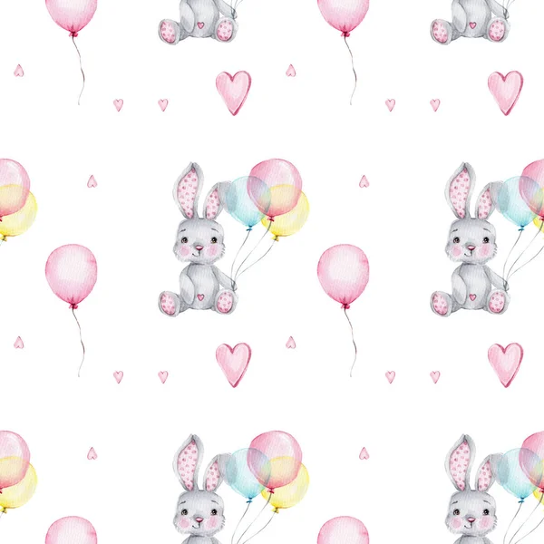Akvarell Rosa Flicka Sömlös Mönster Med Söta Kaniner Och Ballonger — Stockfoto