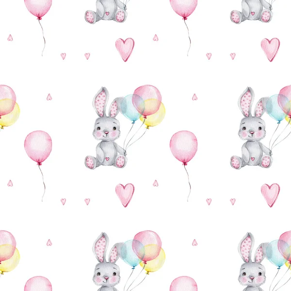 Tatlı tavşanlar ve balonlarla suluboya pembe bebek desenli