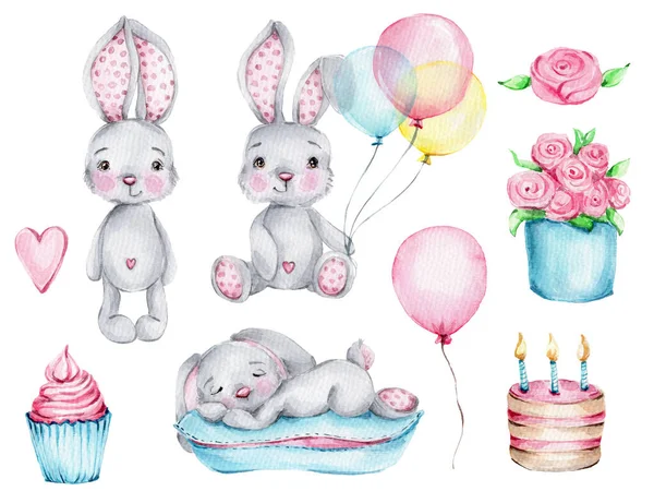 Ensemble Mignons Petits Lapins Aquarelle — Photo