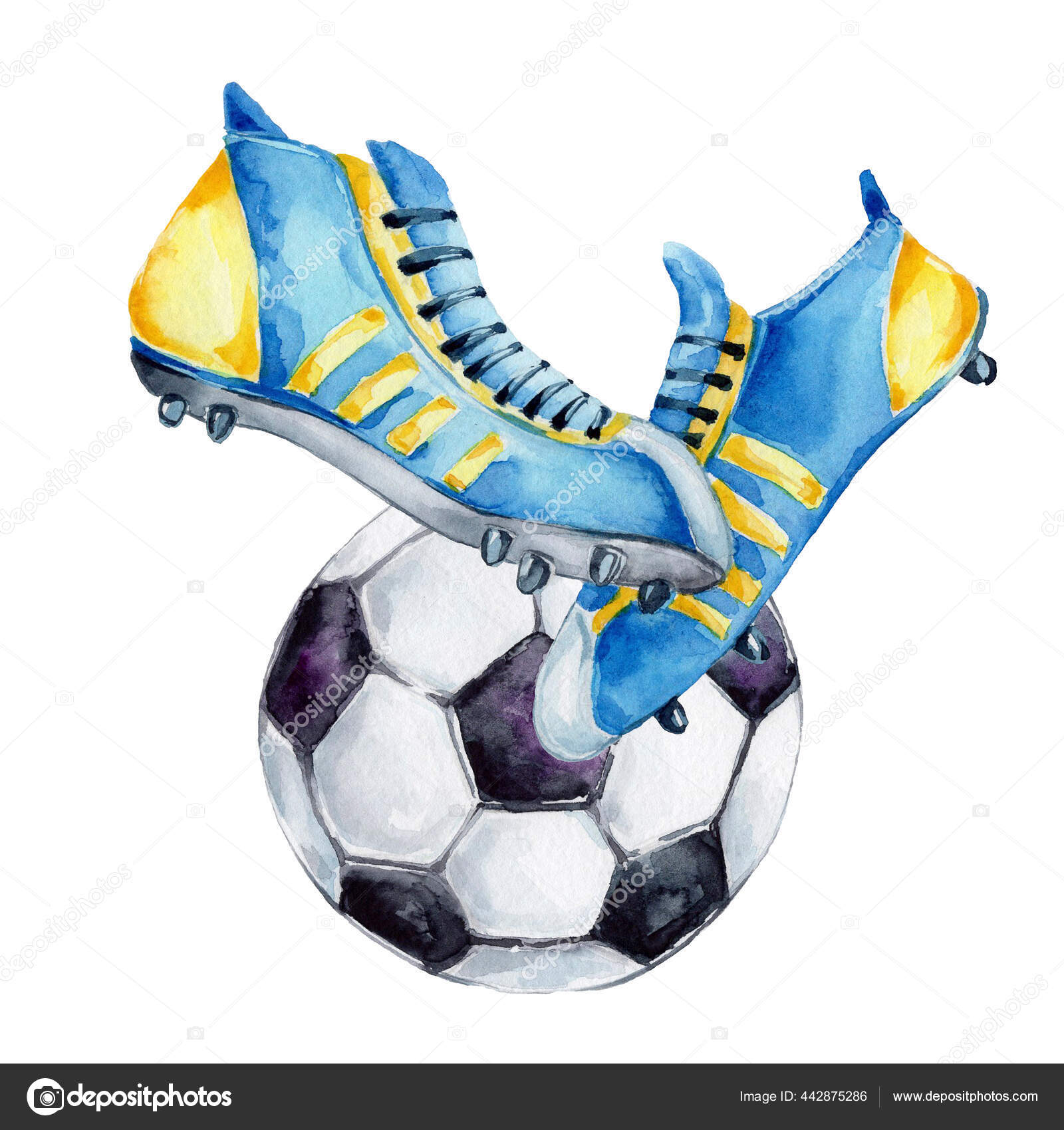 Watercolor Hand Drawn Soccer Shoes Ball Isolated White Background Stock