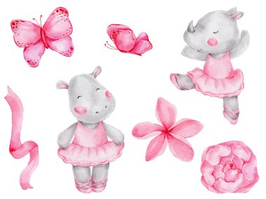 Pembe elbiseli suluboya gergedan kız. Kurdeleli ve kelebekli kusursuz desen.