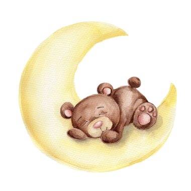 watercolor teddy bear toy sleeping on a moon