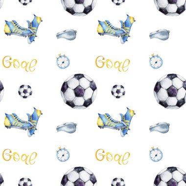 seamless background with color soccer balls, soccer boots, whistles, and stopwatches