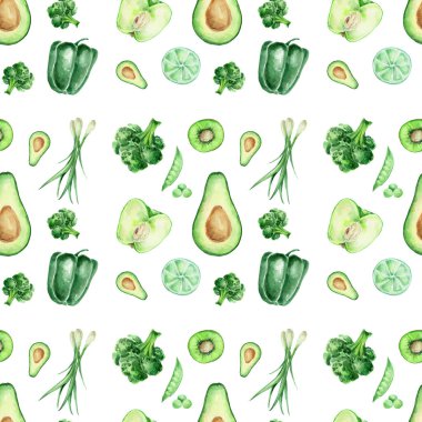 seamless background with watercolor hand-drawn set of green plants and vegetables