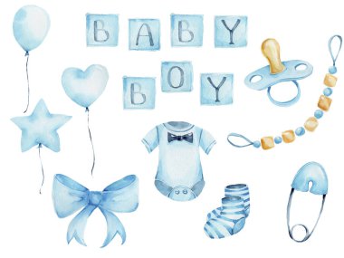 watercolor set for baby birth with a pacifier, socks, air balloons,  and baby romper