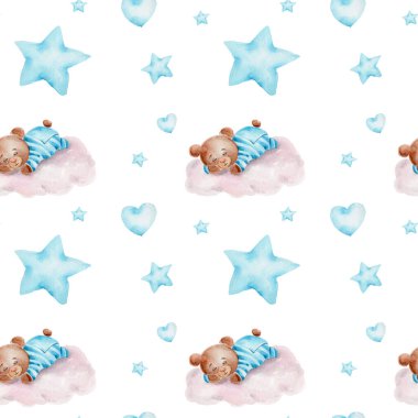 Bulutların üstünde uyuyan oyuncak ayıyla suluboya arka plan