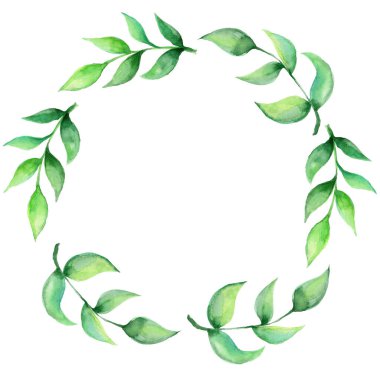 frame with watercolor hand-drawn green leaves 