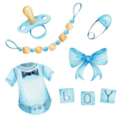 watercolor set for baby birth with  pacifier, socks, and baby romper