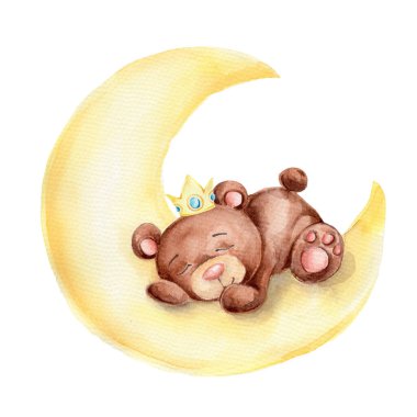 watercolor teddy bear toy with crown sleeping on a moon