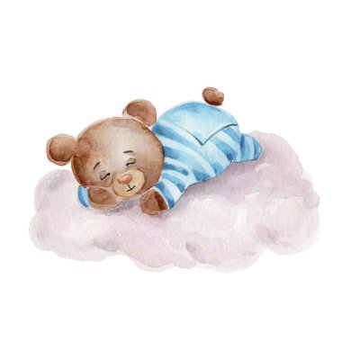 watercolor teddy bear toy sleeping on a cloud