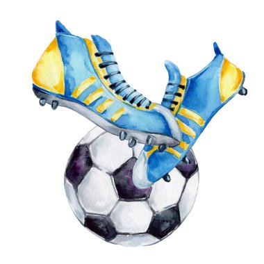 watercolor hand-drawn soccer shoes and ball isolated on white background