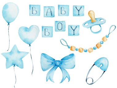watercolor set for baby birth with a pacifier, socks, air balloons,  and baby romper