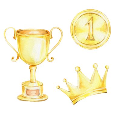 set of gold prizes for first place, medal, cup, the crown on white background 