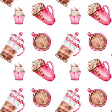 watercolor seamless pattern with hand-drawn desserts and sweets