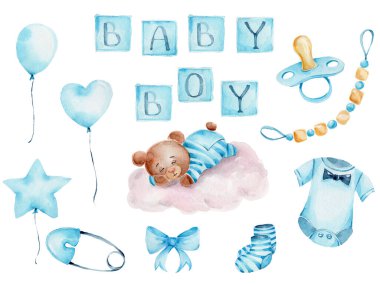 watercolor set for baby birth with teddy bear toy, air balloons, ribbons, baby romper