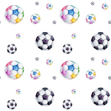 color soccer balls isolated on white background, seamless pattern with soccer  balls 