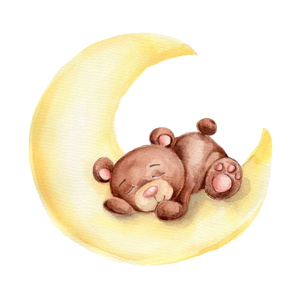watercolor teddy bear toy sleeping on a moon