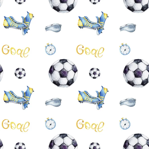 Seamless Background Color Soccer Balls Soccer Boots Whistles Stopwatches — Φωτογραφία Αρχείου