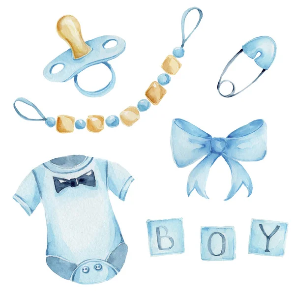 Akvarel Set Pro Porod Dítěte Dudlíkem Ponožky Baby Romper — Stock fotografie