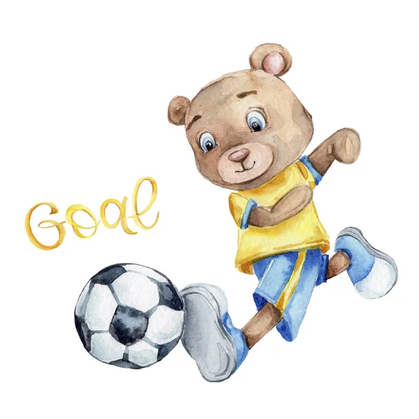 the cartoon teddy bear soccer player is hitting the ball isolated on white background, and over the ball lettering in gold GOAL