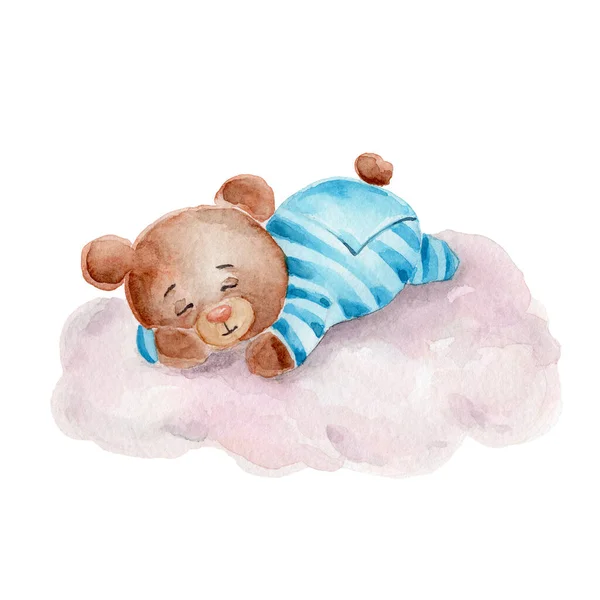 Acuarela Peluche Oso Juguete Durmiendo Una Nube — Foto de Stock