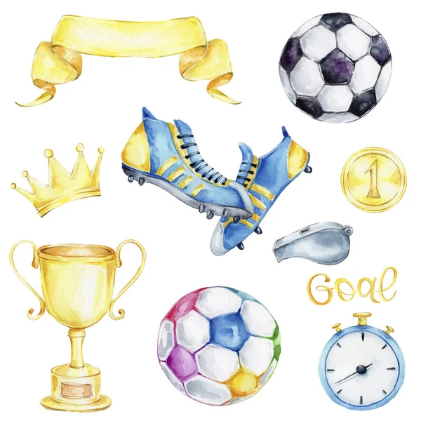 cartoon set with the whistle,  the ball, stopwatch, soccer boots, crown, champion cup, medal for first place, and lettering in gold GOAL
