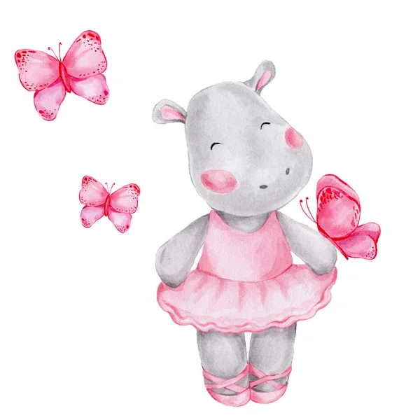 Υδατογραφία Ρινόκερος Κορίτσι Ένα Ροζ Φόρεμα Πεταλούδες — Φωτογραφία Αρχείου