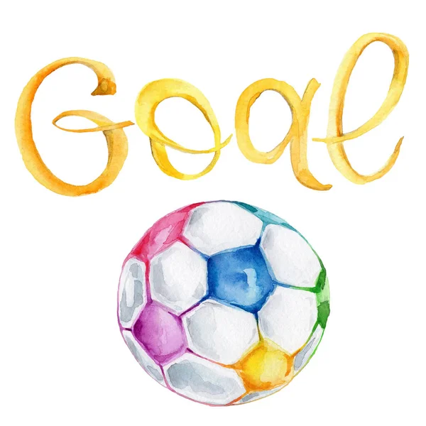 用白色背景隔开的彩色足球 用黄金写着 Goal — 图库照片