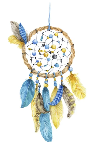 Akwarela Dreamcatcher Niebieskimi Żółtymi Piórami Koralikami — Zdjęcie stockowe