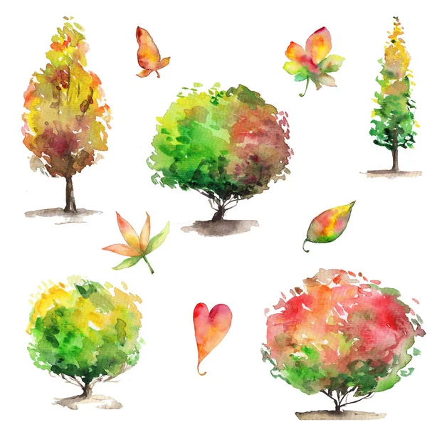 watercolor trees with different color  leaves