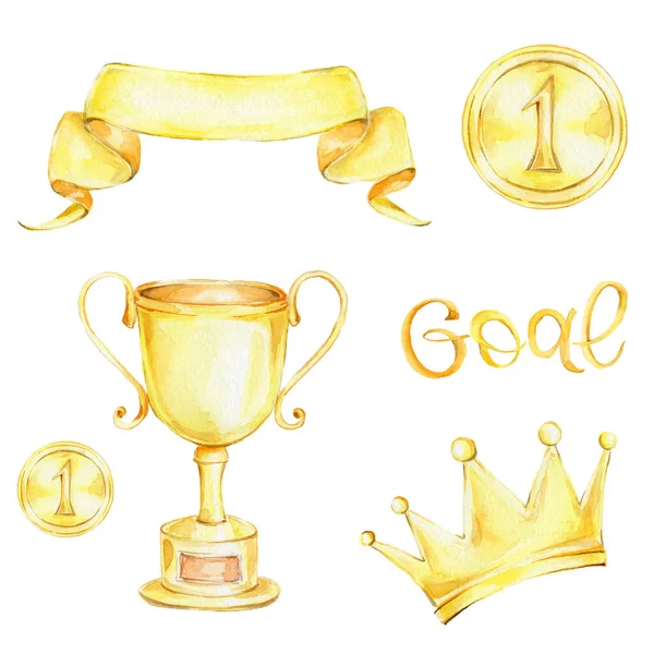 set of gold prizes for first place, medal, cup, the crown on white background and lettering in gold GOAL