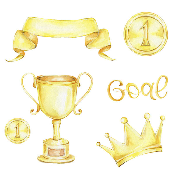 set of gold prizes for first place, medal, cup, the crown on white background and lettering in gold GOAL