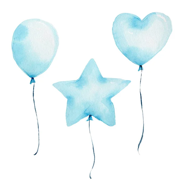 Watercolor Illustration Blue Air Balloons — Stockfoto